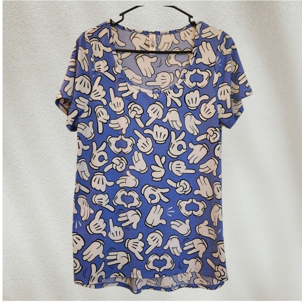 LuLaRoe Blue Mickey Mouse Hands Graphic T Shirt Irma Women's Size Large